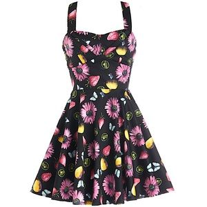 LAST ONE #127 Butterfly Floral Fruit Print 100% Cotton Skater Dress XS 0 2